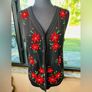 Victoria Jones Floral Poinsettias Embroidered Black Vest Size Small